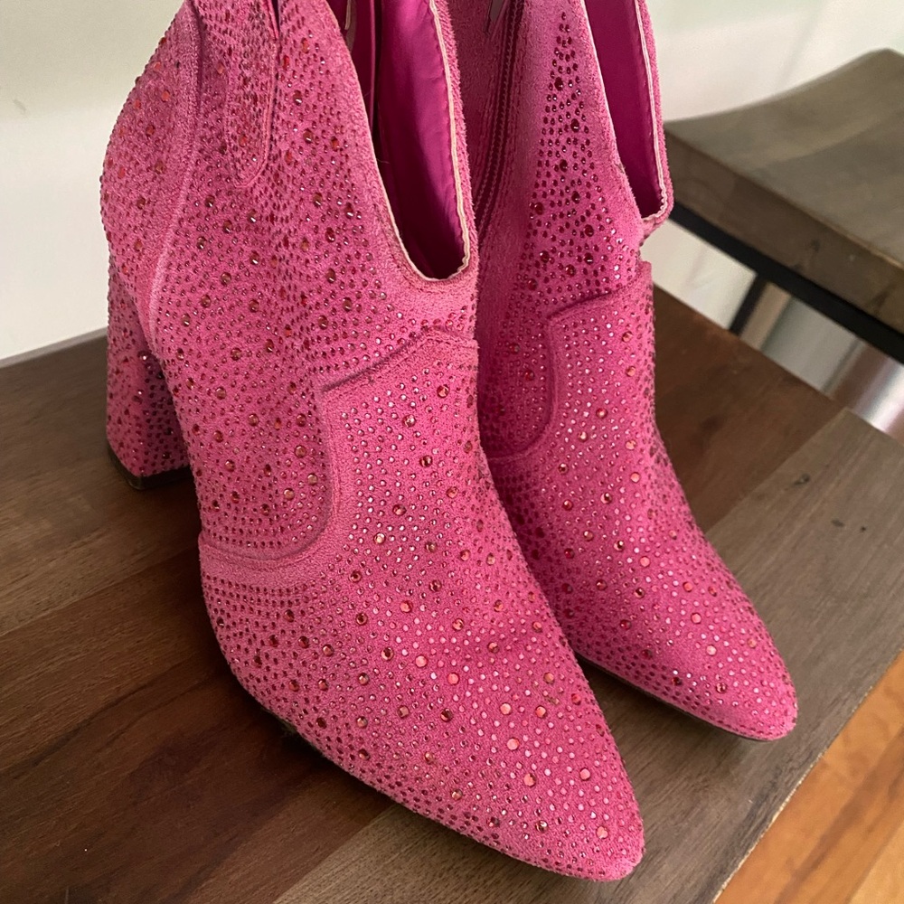 Pink Suede Ankle Boots with Rhinestones